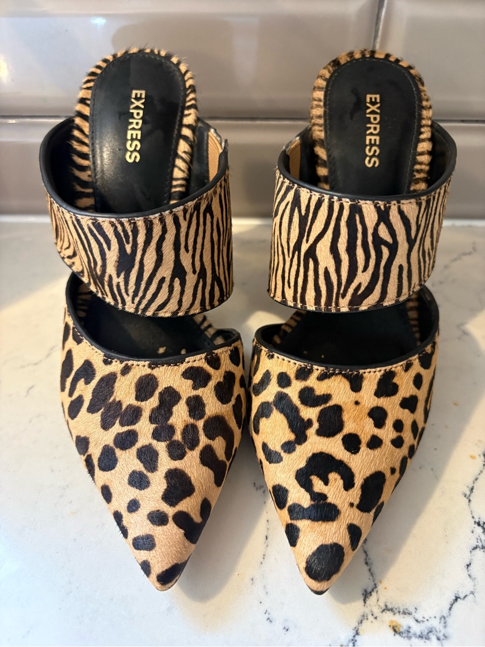 Express Mule Heels Womens Size 7 Animal Print Pointed Toe Modern Trendy